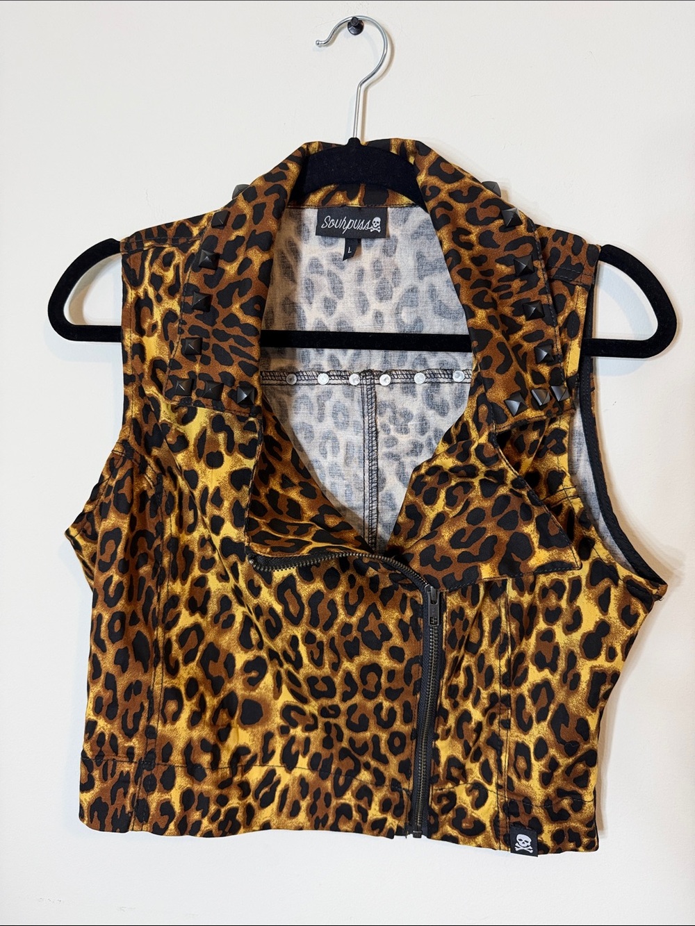 Sourpuss Leopard Print Studded Moto Vest